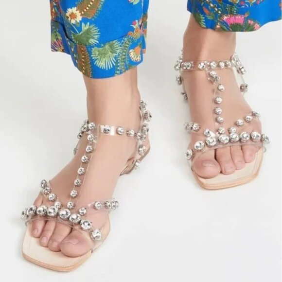 JEFFREY CAMPBELL Amaryl Clear Crystal Studded Flat Sandals Shoes - Size US 8 - Picture 1 of 11